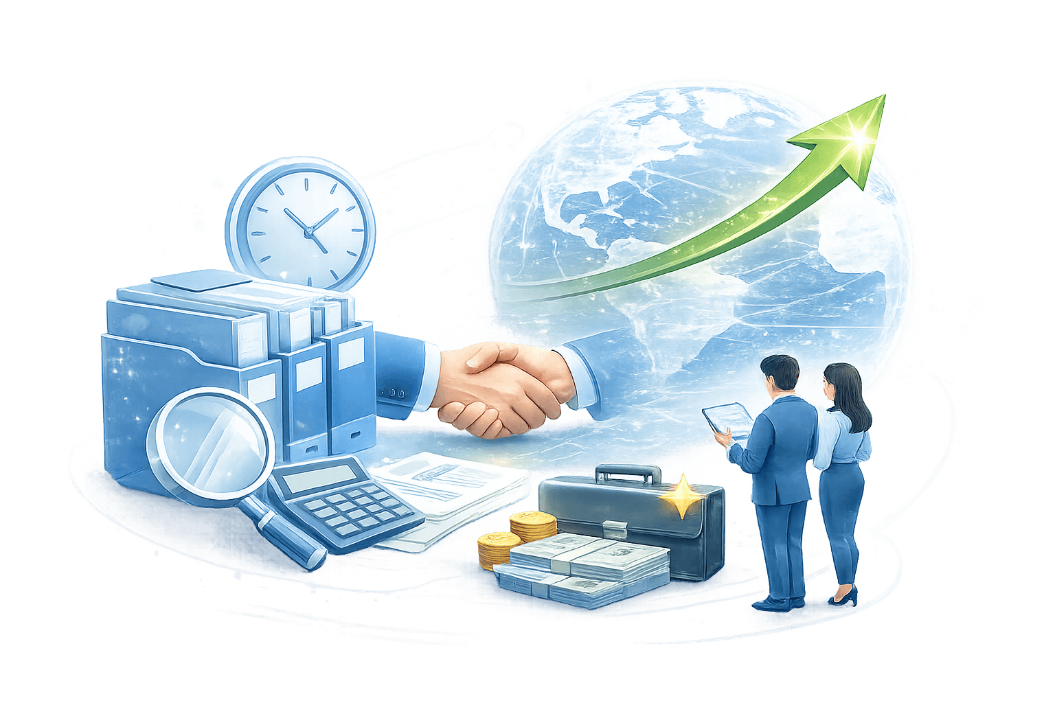Ilustracao de apoio comercial e expansao com globo e crescimento internacional